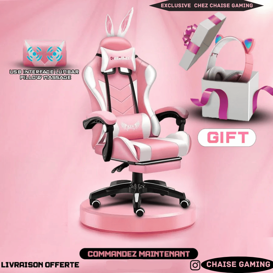 Chaise gamer rose — repose-pieds et masseur lombaire