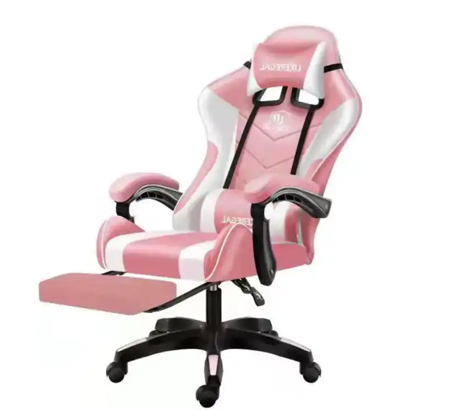 chaise gamer rose avec repose pieds et appareil de massage